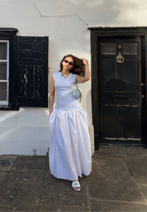 Blue Pinstripe Sleeveless Gathered Cotton Dress