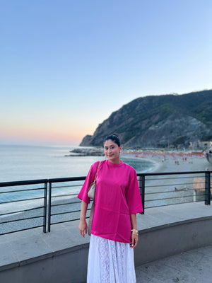Sugar Plum Satin Pink Crew Neck Top