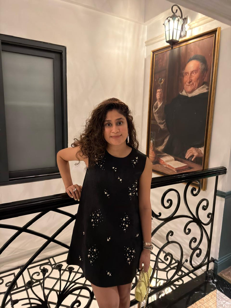 Black Embellished Jacquard Mini Dress