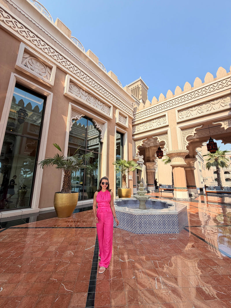 Pleated Halter Neck Backless Top With Straight Pants Linen Co-ord