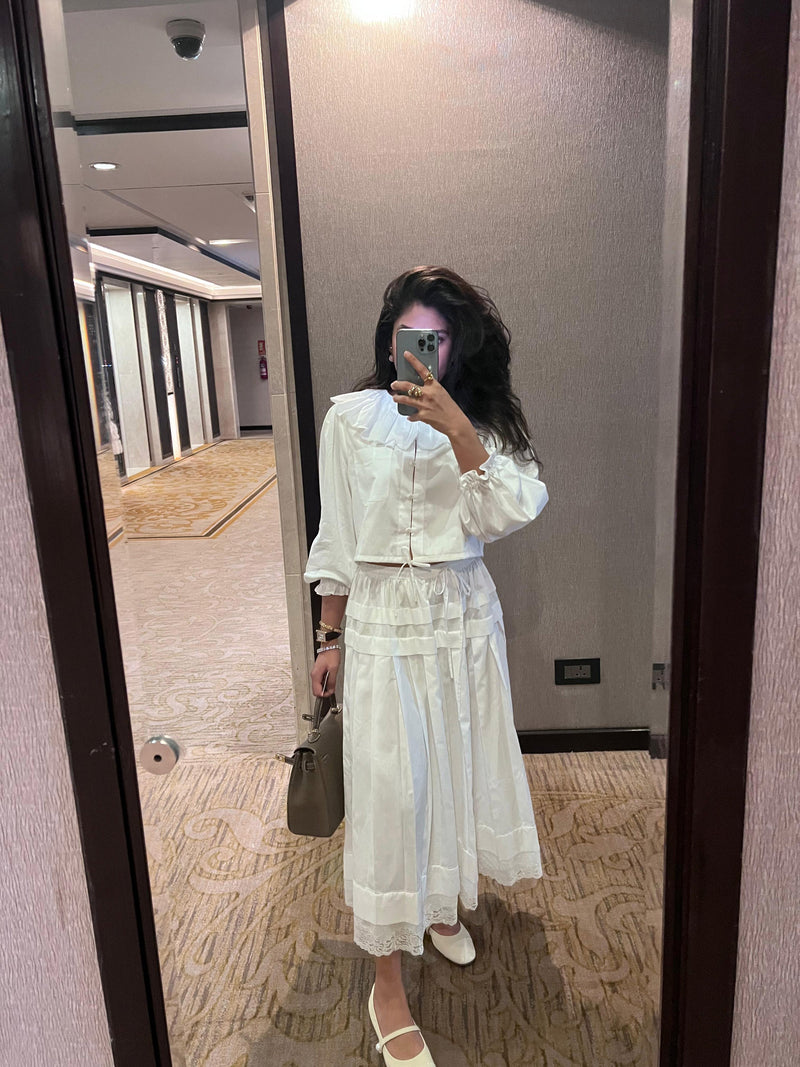 Scalloped Oversized Shirt With Pleated Lace Skirt