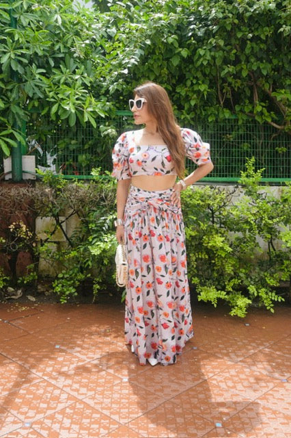 Multicolour Floral Print Long Skirt And Crop Top Set