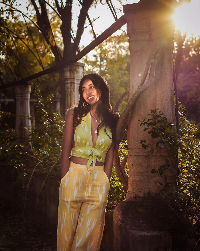 Lime Green And Yellow Halter Neck Top Pant Set