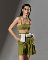 Olive Green Scalloped Crop Top With Shorts Co Ord Set