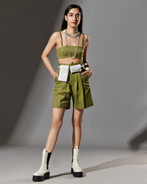 Olive Green Scalloped Crop Top With Shorts Co Ord Set