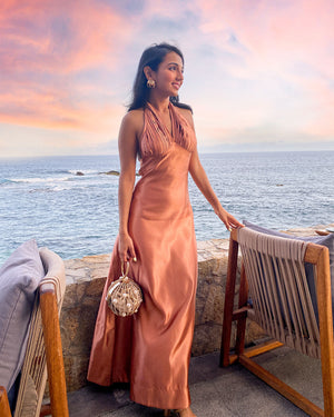 V-NECK LONG HALTER DRESS