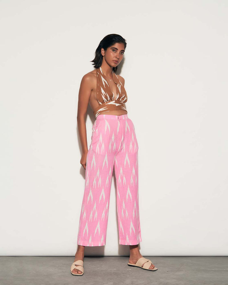 HALTER NECK TOP WITH LINEN PANTS CO-ORD SET - Brown and Pink