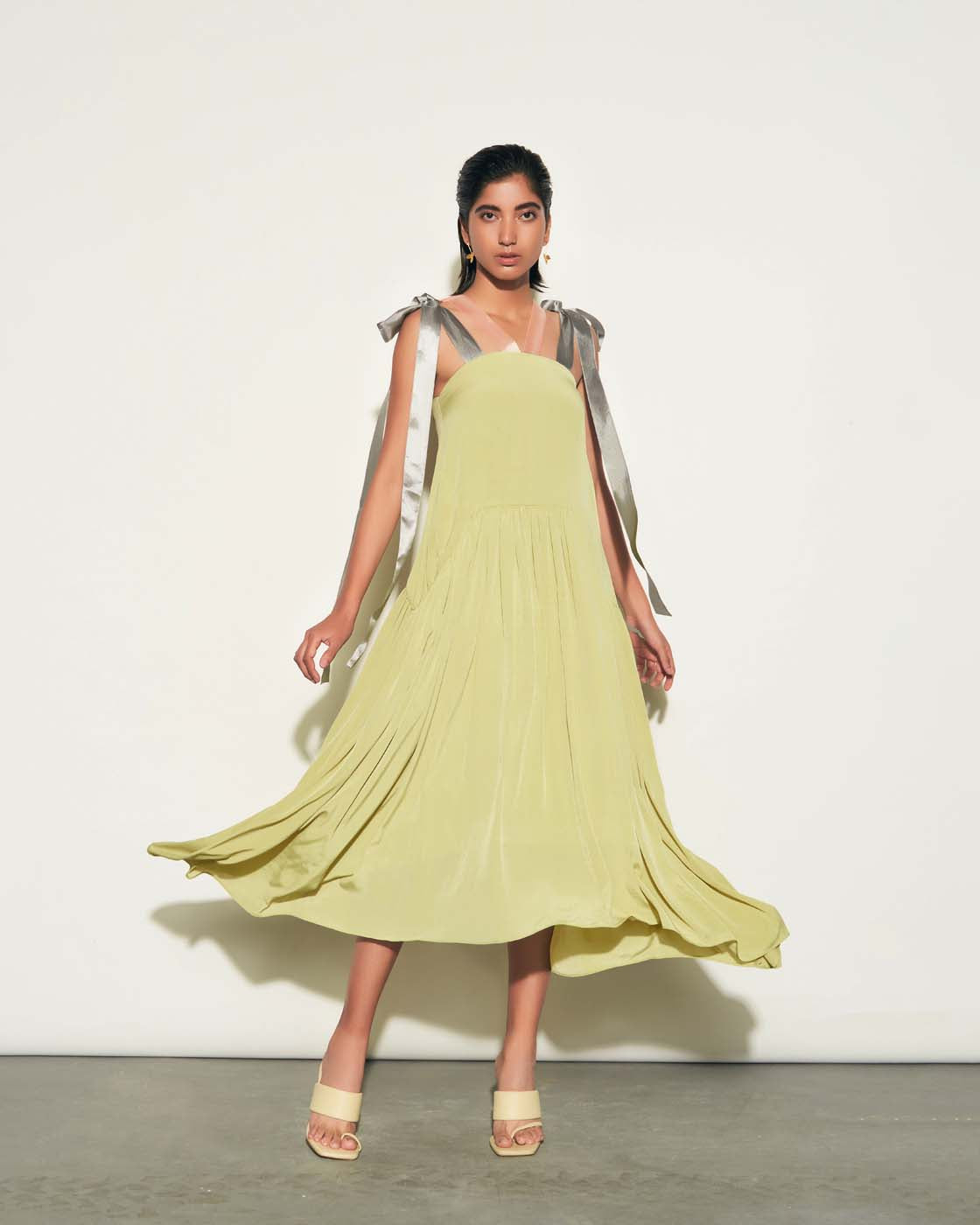 Buy Light yellow green Crape Ribbon Dress | TheRealB