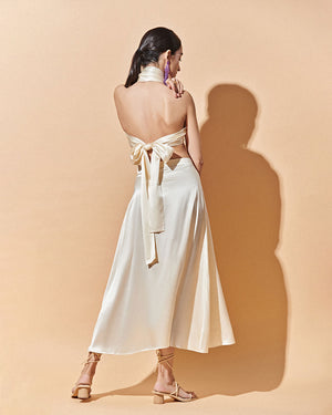 Butter Yellow Satin Blouse And Skirt Set