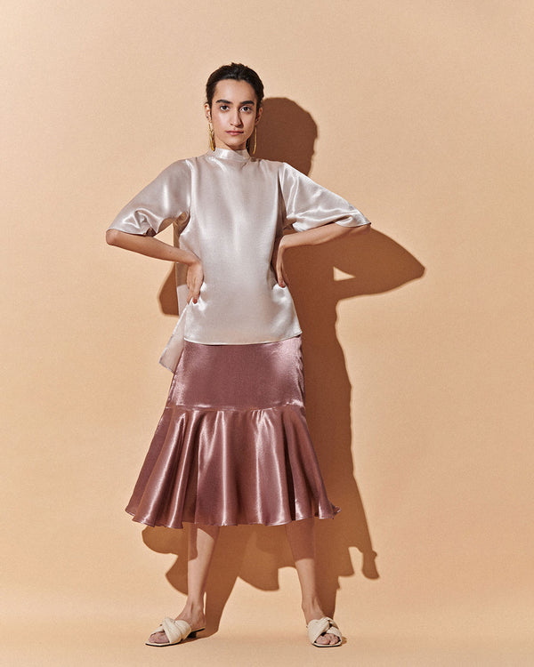 Sand Pink & Mauve Satin Skirt Top Set