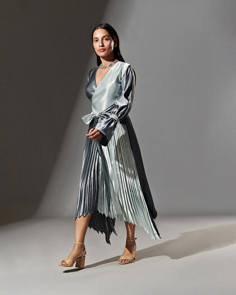 Satin Pleated Dress Long Sleeve Teal Satin Long Sleeve Pleated