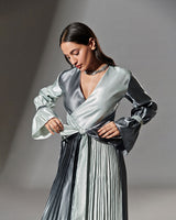 SATIN PLEATED DRESS WITH BELT