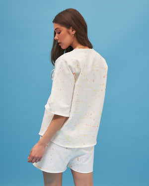 White Hand Painted Shirt And Shorts Set