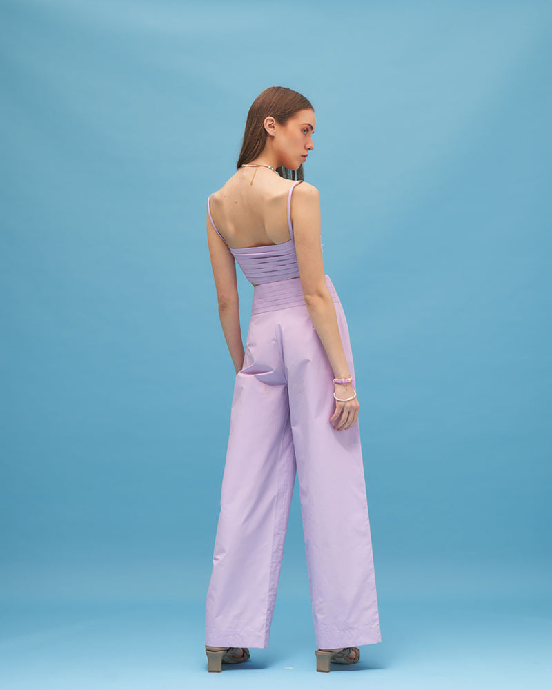 Lavendar Crop Top And Pant Set- Pleated Co Ord