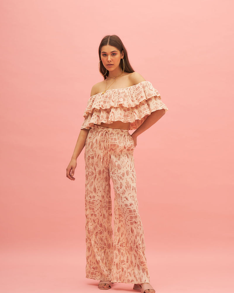 Floral Print Crop Top And Pant Set- Pleated Co Ord