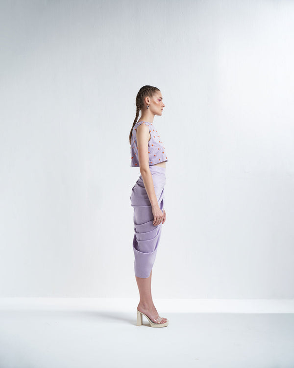 Lavender Round Neck Crop Top With Skirt Co Ord