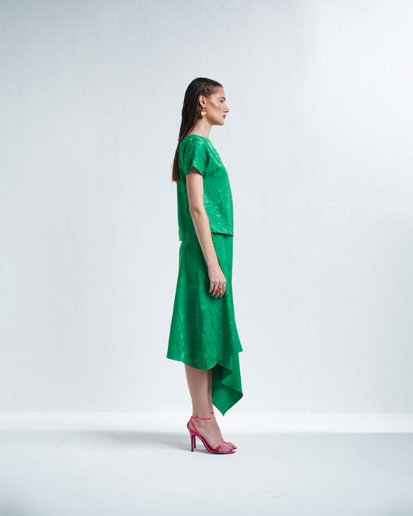 Green Boat Neck Top And Skirt Set
