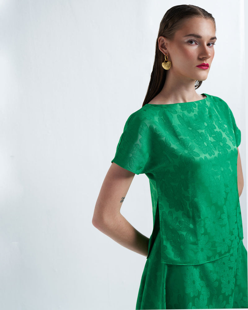 Green Boat Neck Top And Skirt Set