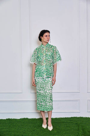 Green And White Embroidered Skirt Top Set
