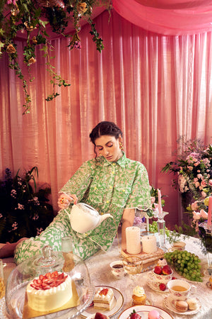 Green And White Embroidered Skirt Top Set
