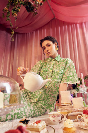 Green And White Embroidered Skirt Top Set