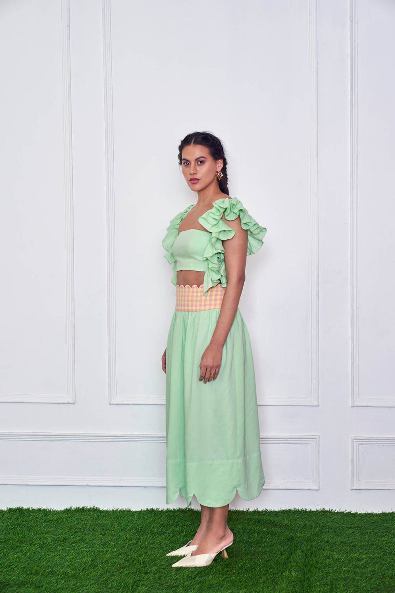 Pastel Mint Ruffled Sleeve Crop Top And Skirt Co Ord