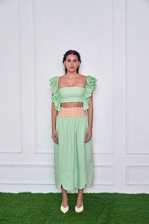 Pastel Mint Ruffled Sleeve Crop Top And Skirt Co Ord