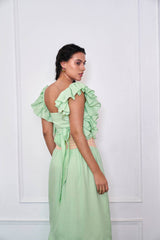 Pastel Mint Ruffled Sleeve Crop Top And Skirt Co Ord