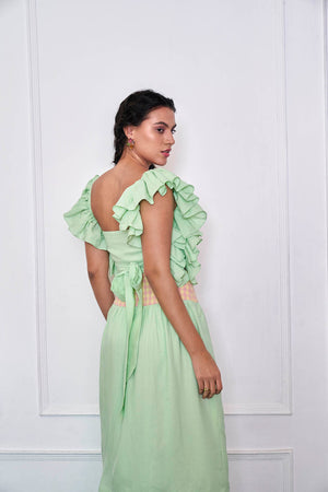 Pastel Mint Ruffled Sleeve Crop Top And Skirt Co Ord