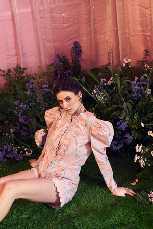 Multicolour Chaos Mutton Sleeves Top And Shorts Set