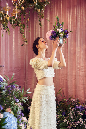 Delicate Cream Skirt And Blouse Jacquard Co Ord Set