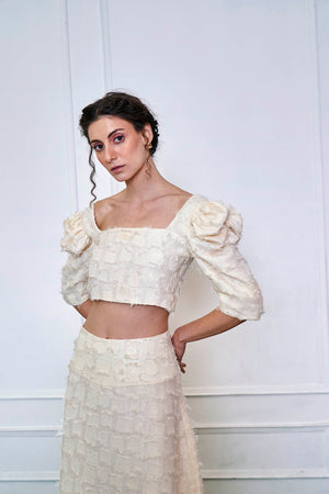 Delicate Cream Skirt And Blouse Jacquard Co Ord Set