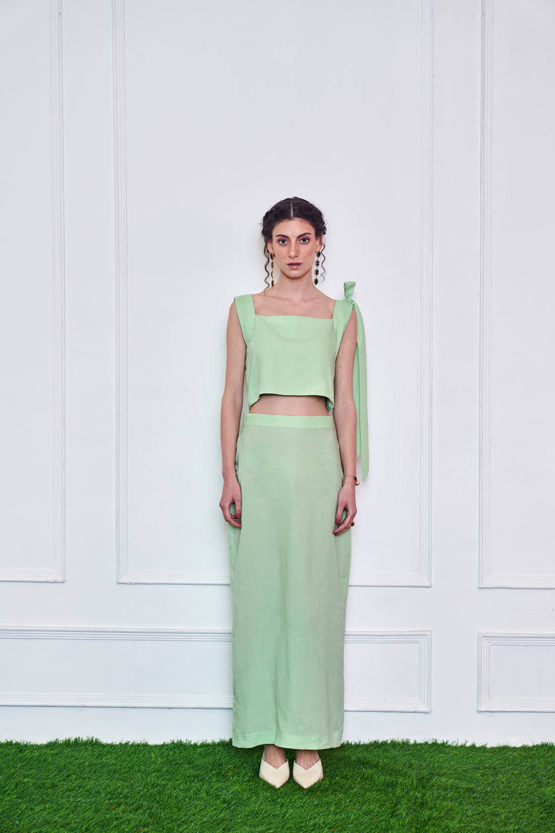 Women's Textured Green One Shoulder Top with Skirt Co-Ords Set