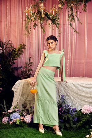 Pastel Mint One Shoulder Crop Top And Skirt Co Ord