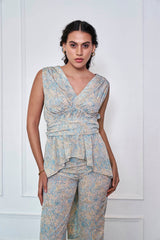 Multicolour Printed V Neck Top And Pant Set