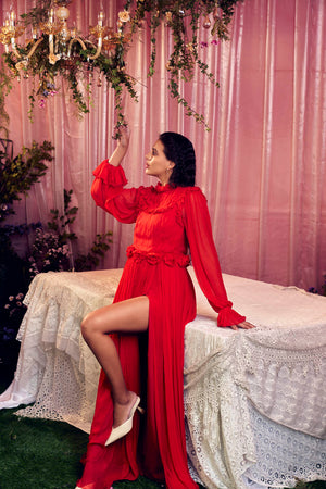 Poetry of Love Chiffon Red Maxi Slit Dress