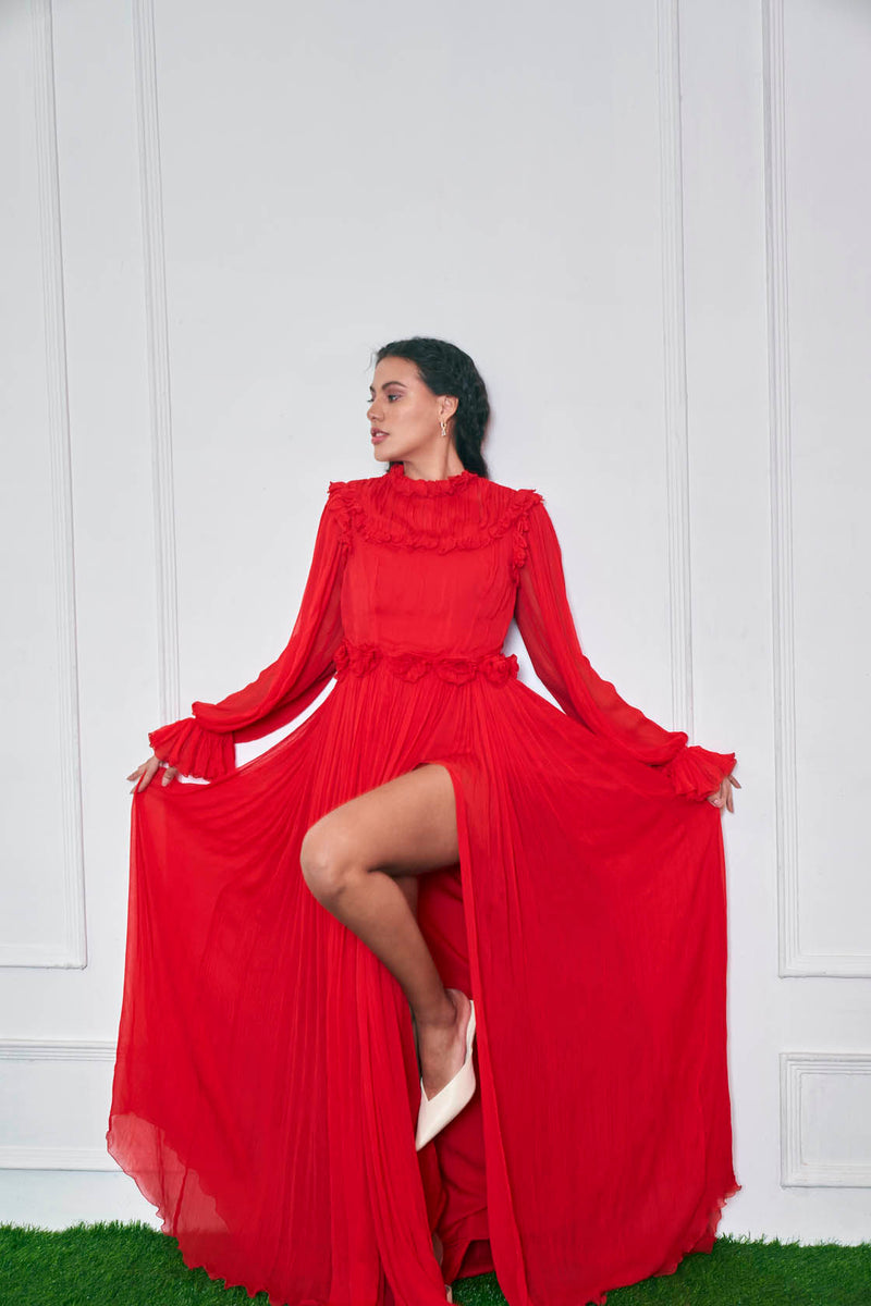 Poetry of Love Chiffon Red Maxi Slit Dress