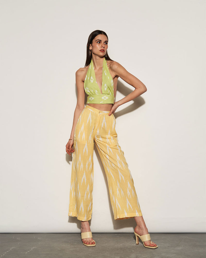 Lime Green And Yellow Halter Neck Top Pant Set