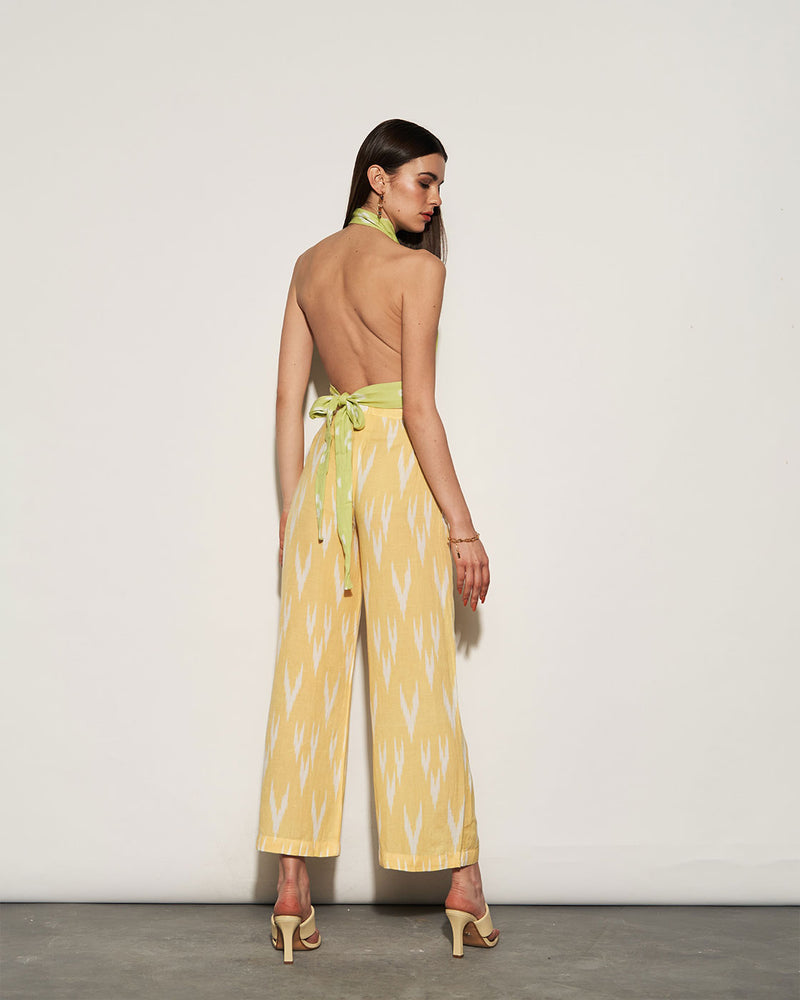 Lime Green And Yellow Halter Neck Top Pant Set