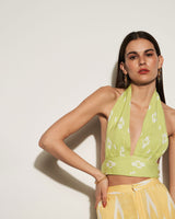 HALTER NECK TOP WITH LINEN PANTS CO-ORD SET - Lime Green and Yellow